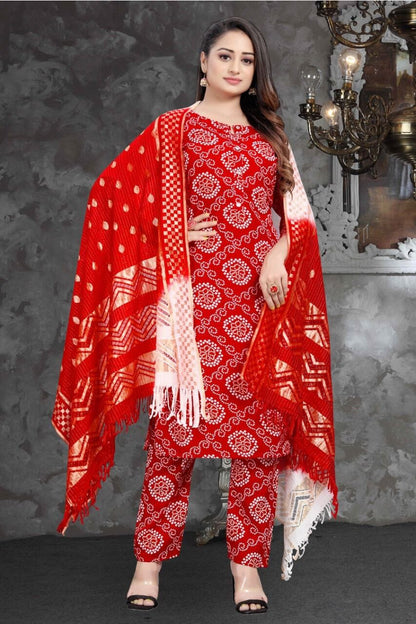 Red Bandhani Printed Rayon Straight Cut Suit Designer Suits shopindi.sg 