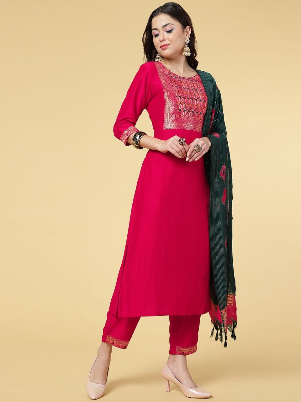Red Chinon Chanderi Designer Kurti with Dupatta and Bottom Kurti with Dupatta and Bottom Shopin Di Apparels 