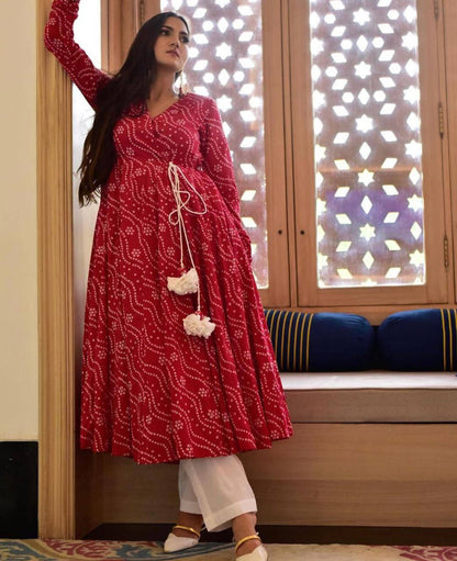 Red Cotton Slub Printed Anarkali Gown with Pant Set Shopindiapparels.com 