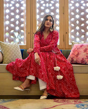 Load image into Gallery viewer, Red Cotton Slub Printed Anarkali Gown with Pant Set Shopindiapparels.com 