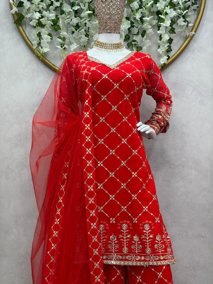 Red Faux Georgette Sequence Work Designer Sharara Suit Designer Suits Shopin Di Apparels 