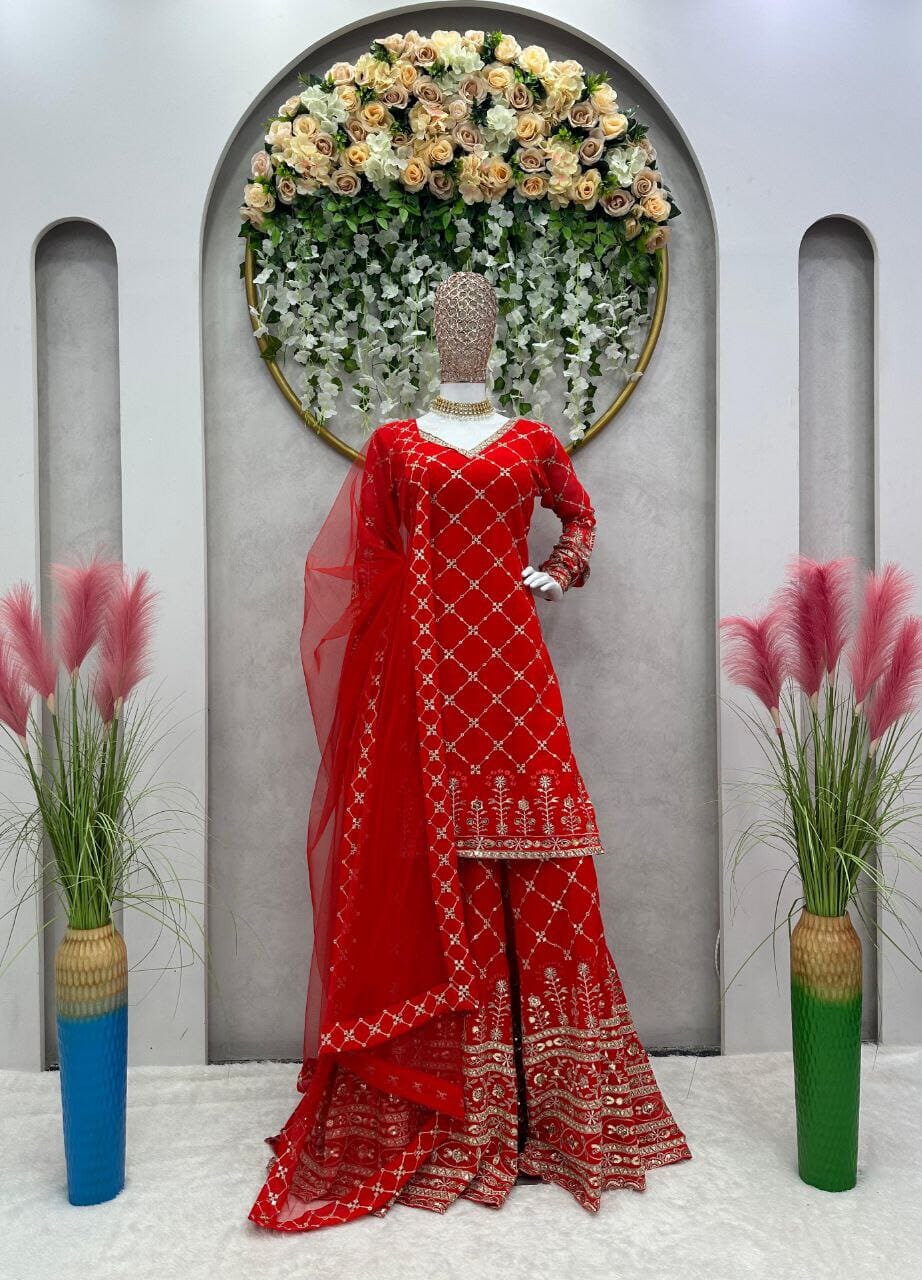 Red Faux Georgette Sequence Work Designer Sharara Suit Designer Suits Shopin Di Apparels 