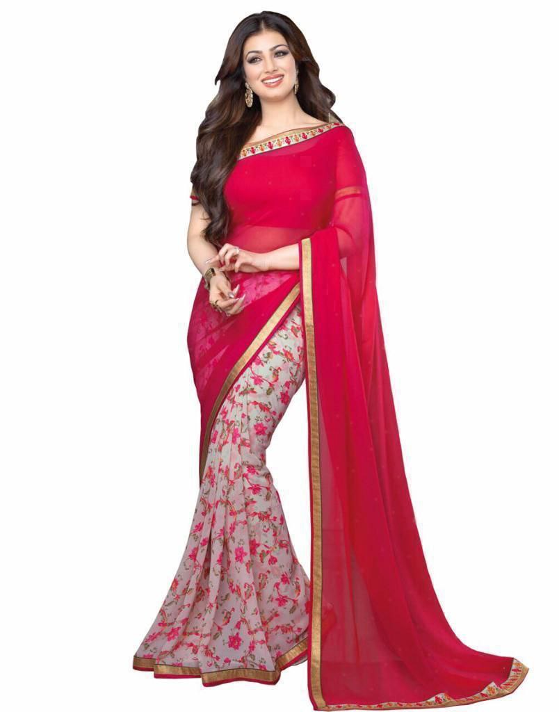 Red Floral Half Half Georgette Saree Saris & Lehengas Shopindiapparels.com 