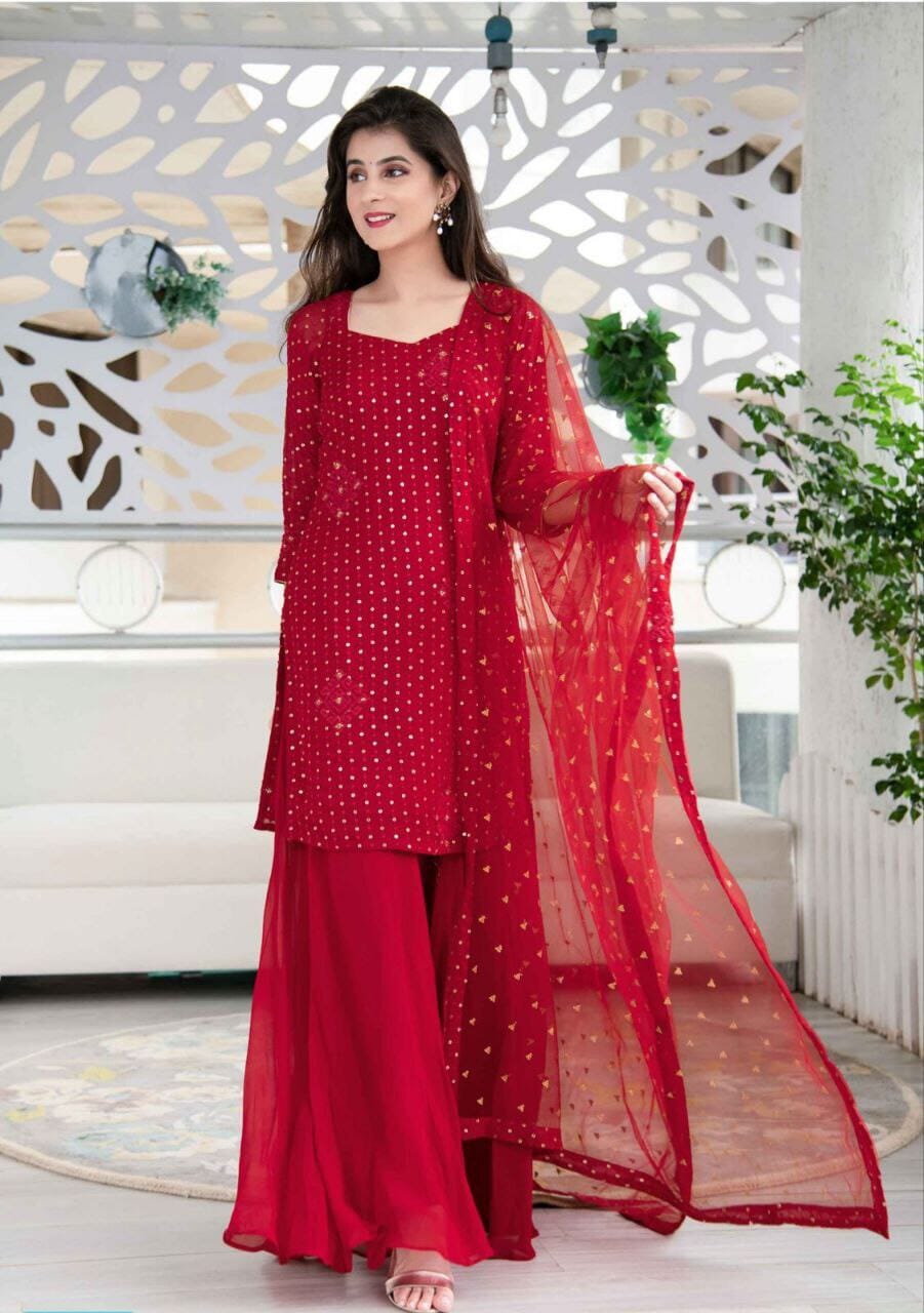 Red Georgette Sequence Kurti with dupatta and bottom Kurti with Dupatta and Bottom Shopin Di Apparels 