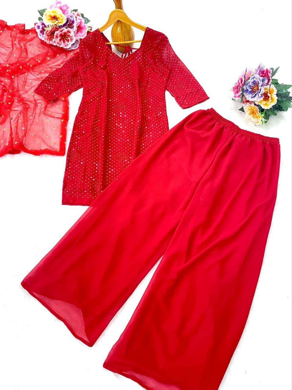 Red Georgette Sequence Kurti with dupatta and bottom Kurti with Dupatta and Bottom Shopin Di Apparels 