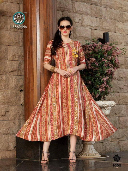 Red patterned Rayon Anarkali Dress - Shopindiapparels.com