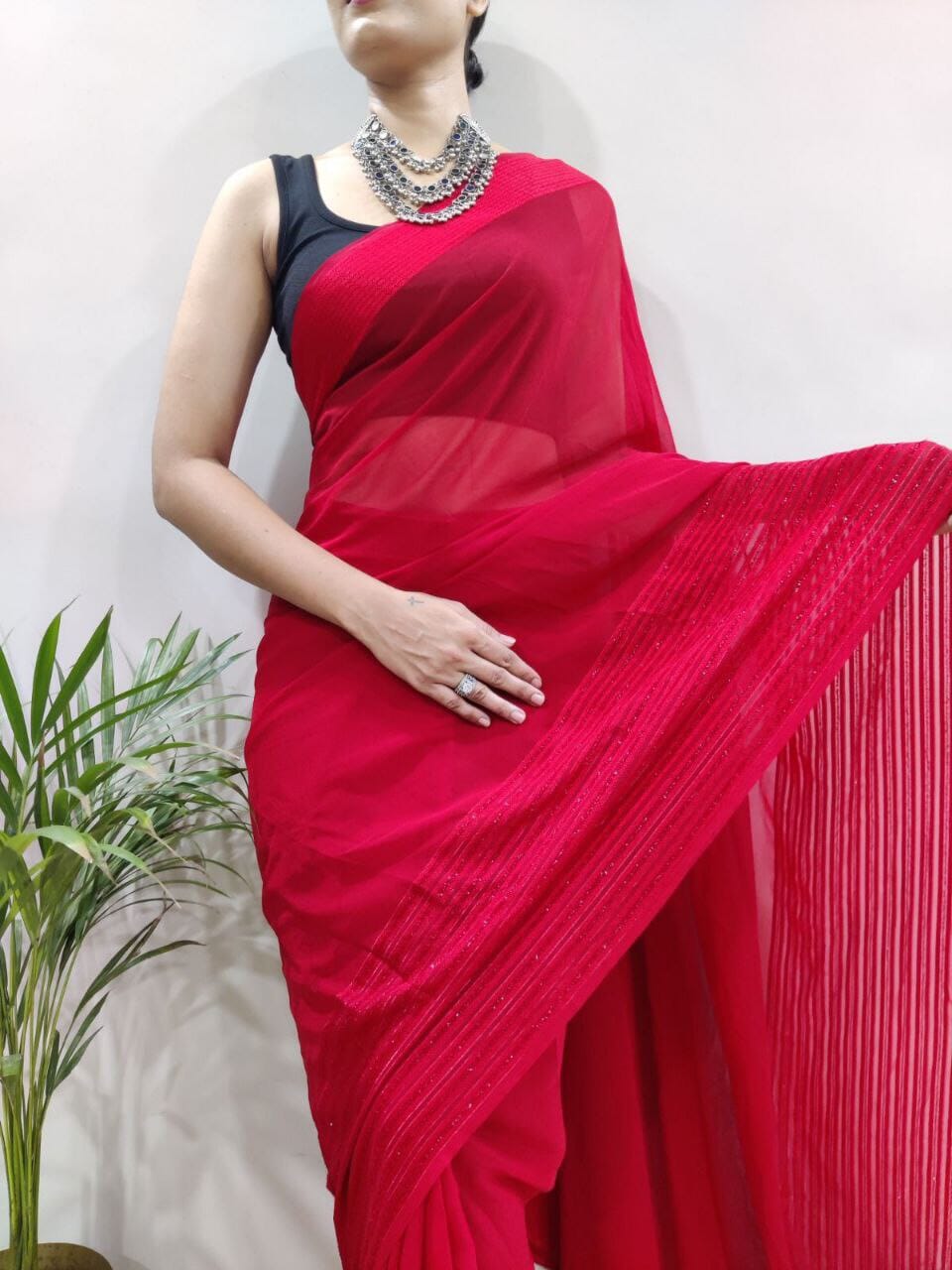 Red Sequence Work Georgette Readymade Saree Shopin Di Apparels 