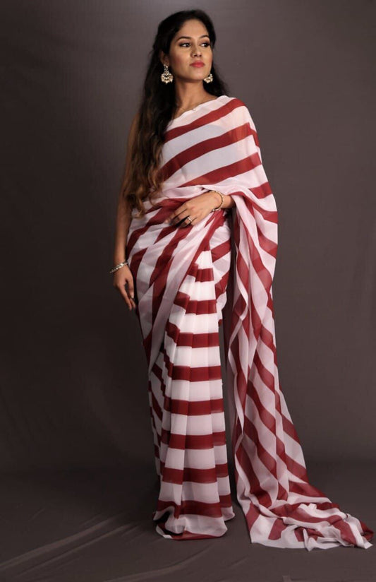 Red Stripe Digital Printed Soft Georgette Saree shopindi.sg 