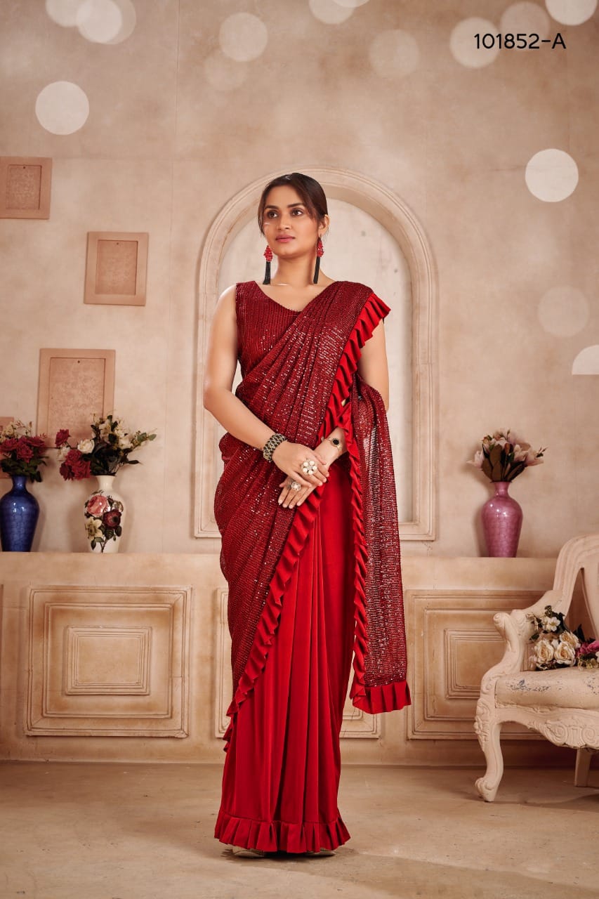 Red Zara Sequin Ready to wear Saree and Blouse Shopindiapparels.com 