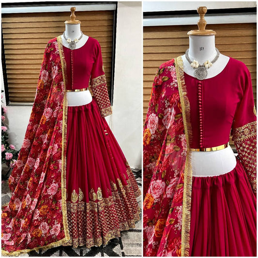 Rose Red Faux Georgette Sequence work Lehenga Suit 3pc Lehengas shopindi.sg 