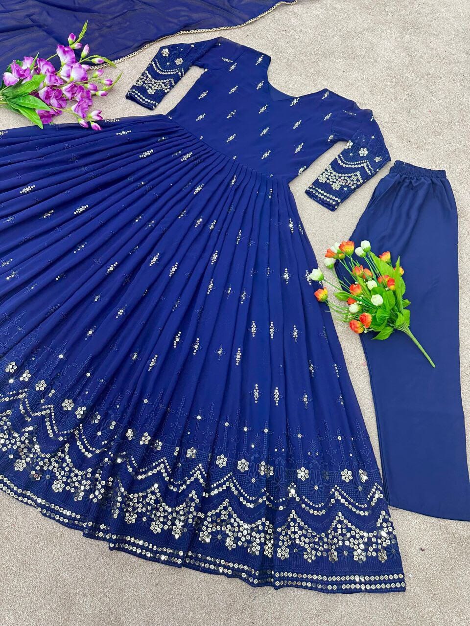Royal Blue Designer Party Wear Look Heavy Embroidery Sequence Work Gown With Dupatta and Pant Designer Suits Shopin Di Apparels 