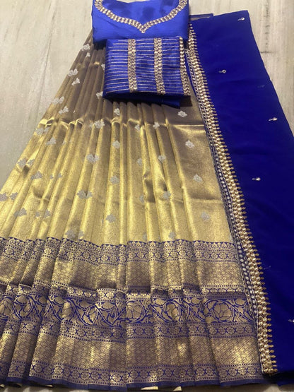 Royal Blue Kanjiveram Silk Pure Zari Half Saree Half Saree Shopindiapparels.com 