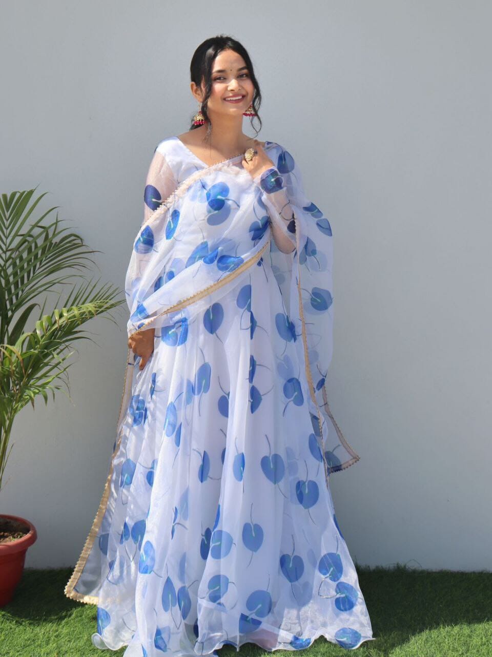 Royal Blue White Georgette Gown with Floral Digital Printed Dupatta Gown with Dupatta Shopindiapparels.com 