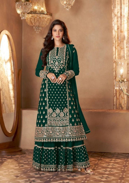 Sayuri Hit Design Heavy Georgette Designer Wedding Wear Sharara Suit in 5 colors Designer Suits AASHIRWAD Dark Green 34 