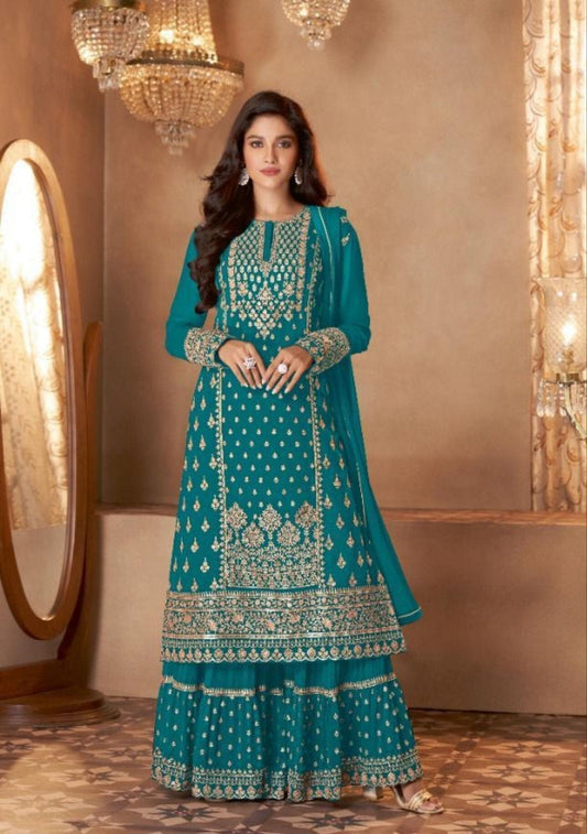 Sayuri Hit Design Heavy Georgette Designer Wedding Wear Sharara Suit in 5 colors Designer Suits AASHIRWAD Turquoise 34 