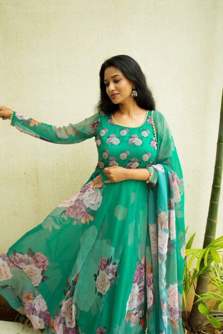 Sea Green Floral Digital Printed Gown with Pearl work Dupatta Gown with Dupatta Shopindiapparels.com 