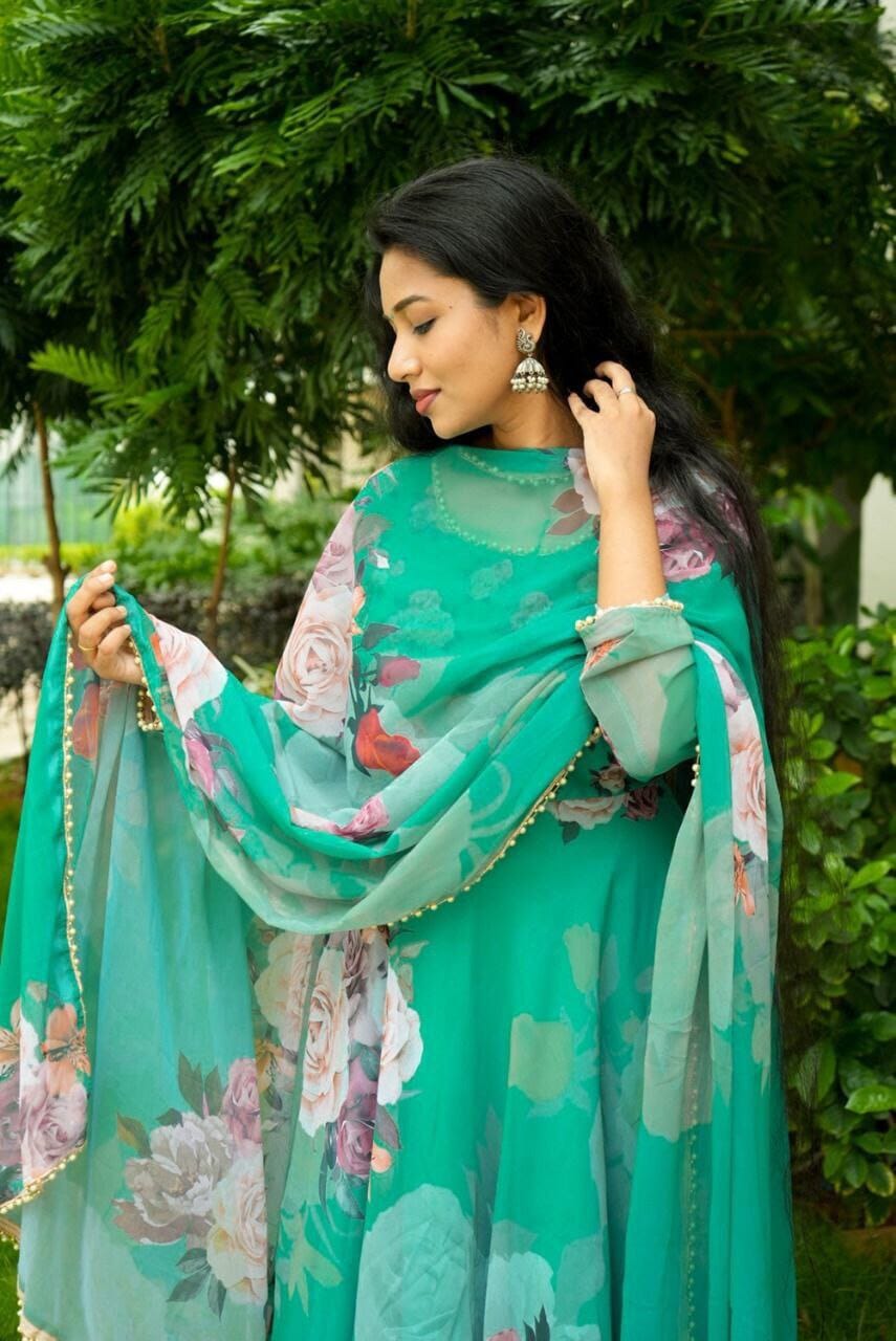 Sea Green Floral Digital Printed Gown with Pearl work Dupatta Gown with Dupatta Shopindiapparels.com 