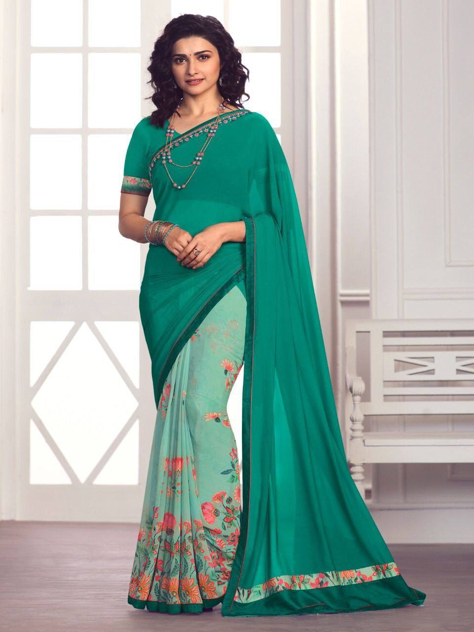 Sea Green Heavy Georgette Silk Half Half Saree Designer Saree Shopindiapparels.com 