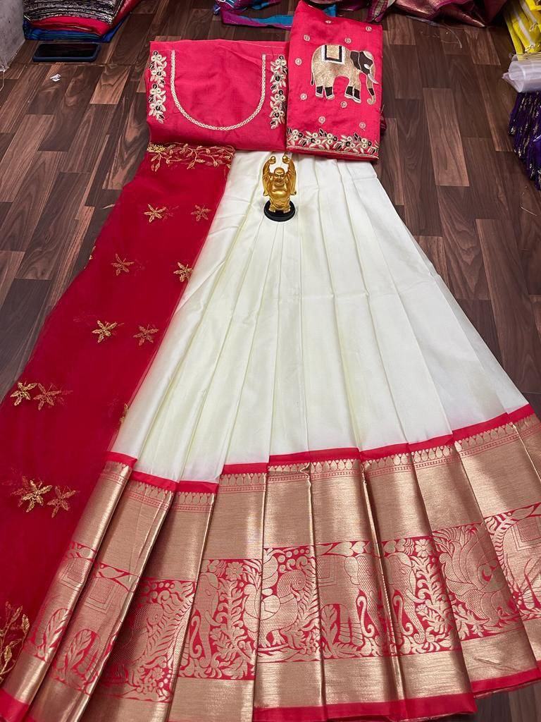 SF 1022 Red and White Kanjiveram Silk Pure Zari Half Saree Half Saree Shopindiapparels.com 