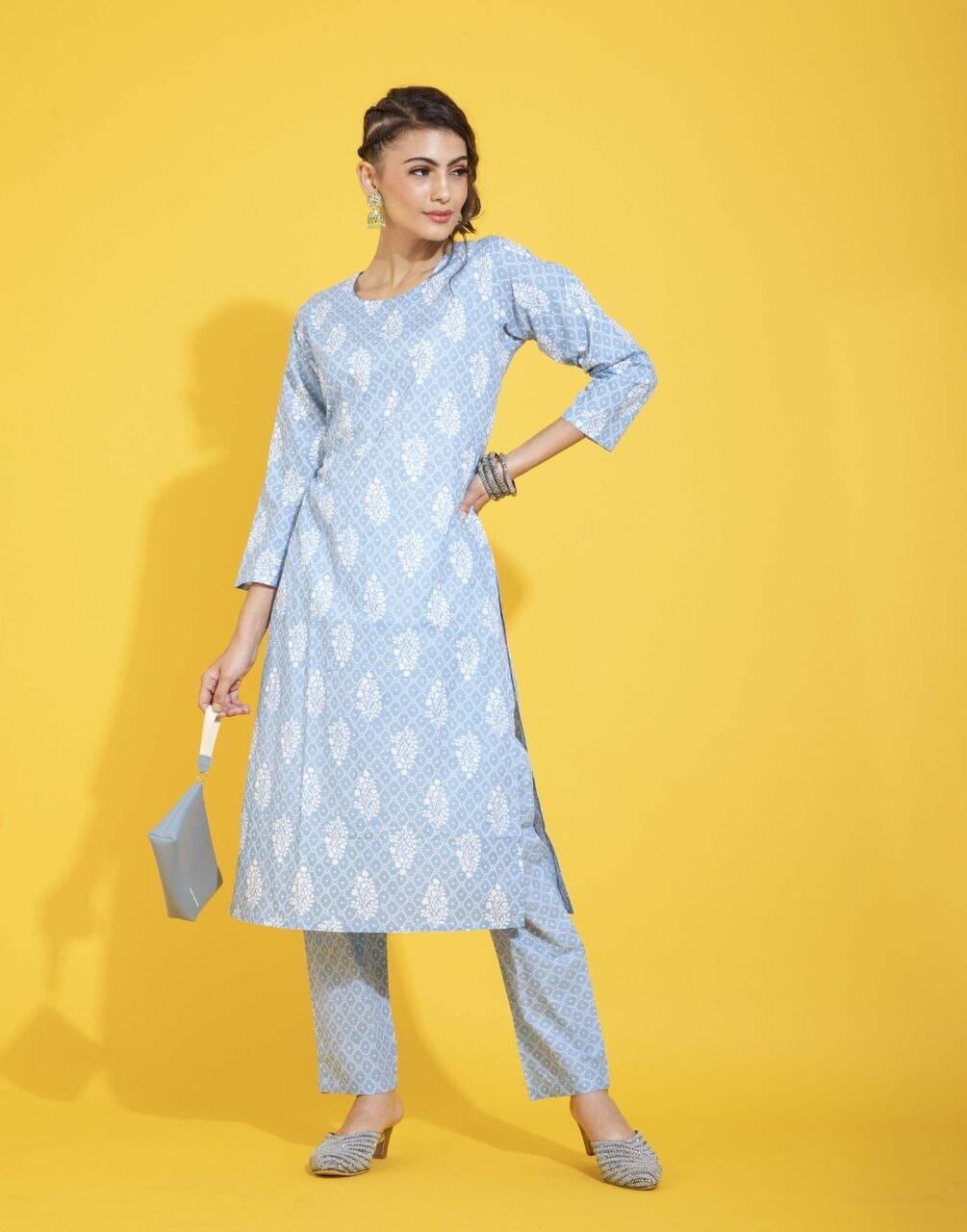 Sky Blue Pure Cotton Printed Kurti with Pant Set Kurti with Pant shopindi.sg 