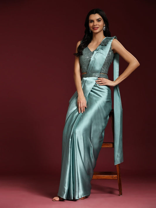 Sky Blue Satin Designer Ready To Wear Saree with Sequin work Blouse Ready to Wear Saree Shopin Di Apparels 