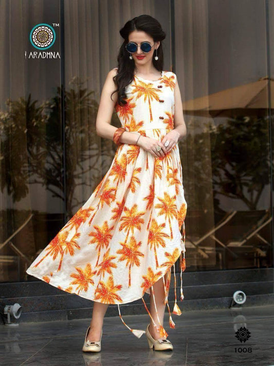 Sleeveless Whity Orange Rayon Dress - Shopindiapparels.com