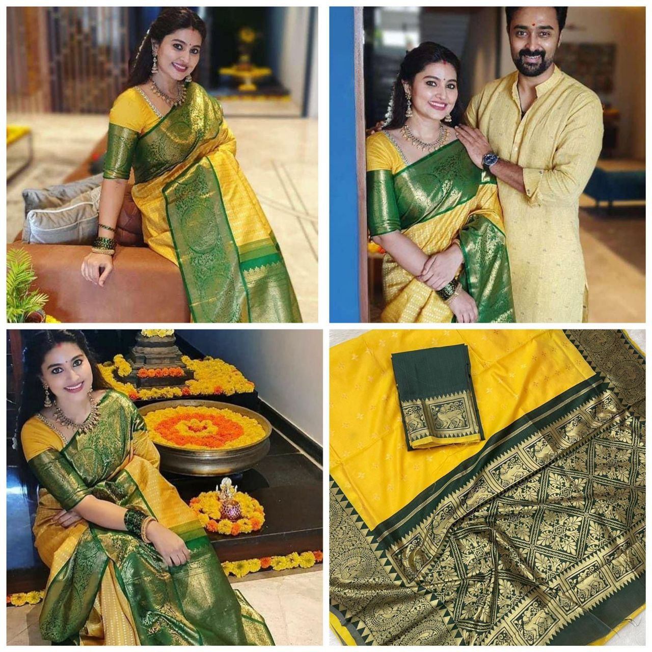 Sneha Yellow and Green Banarasi Lichi Silk Saree Shopindiapparels.com 