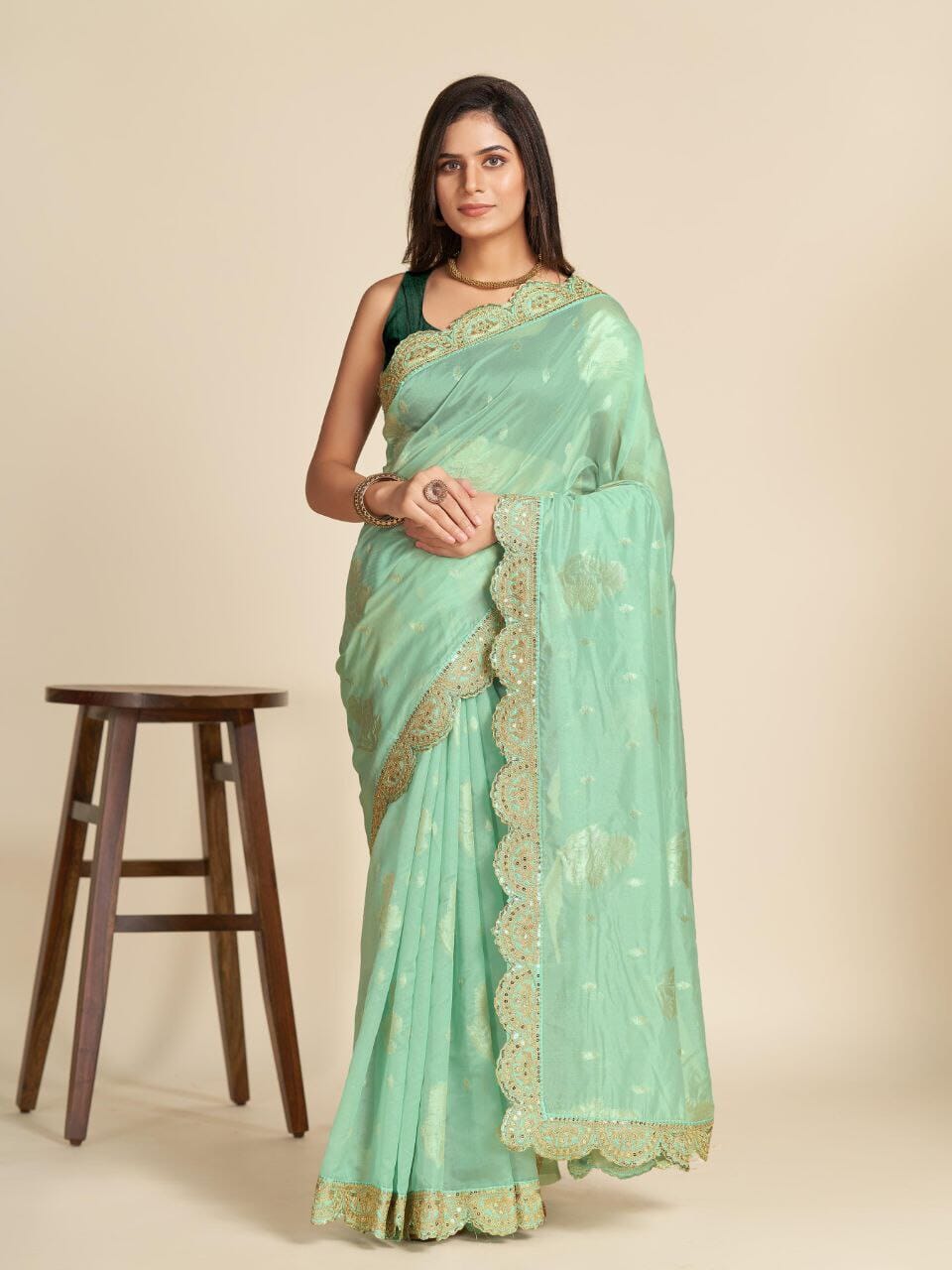 Soft Weaving Organza with Embroidered Border and Banglori Silk Blouse in 4 colors Designer Saree Shopin Di Apparels 