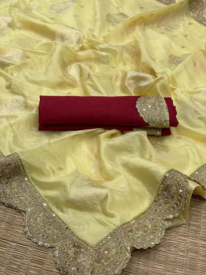 Soft Weaving Organza with Embroidered Border and Banglori Silk Blouse in 4 colors Designer Saree Shopin Di Apparels 