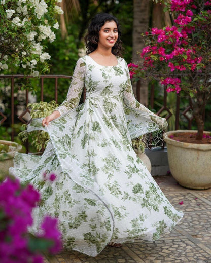 Solid Butti Georgette Green Floral Printed Maxi Gown with Dupatta Gown shopindi.sg 