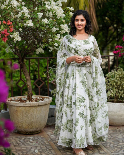 Solid Butti Georgette Green Floral Printed Maxi Gown with Dupatta Gown shopindi.sg 