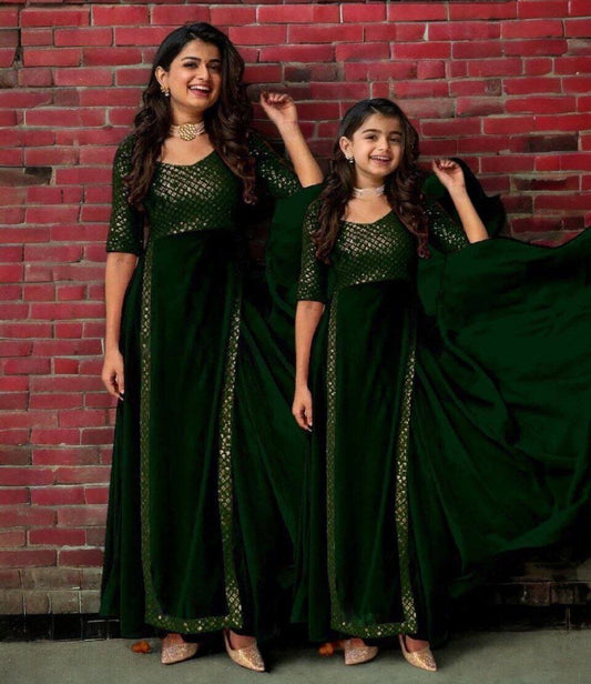 Special Deepavali Mother+Daughter Heavy Georgette Gowns Combo Dark Green Gowns Shopin Di Apparels 