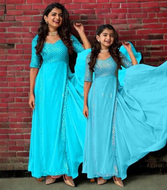 Special Deepavali Mother+Daughter Heavy Georgette Gowns Combo Light Blue Gowns Shopin Di Apparels 