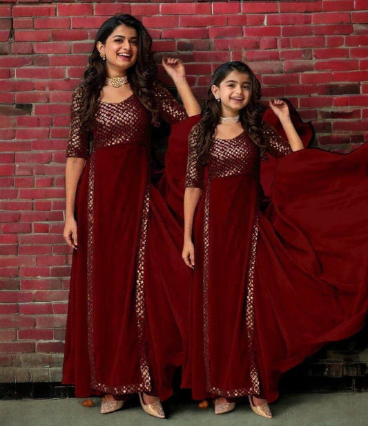 Special Deepavali Mother+Daughter Heavy Georgette Gowns Combo Maroon Gowns Shopin Di Apparels 