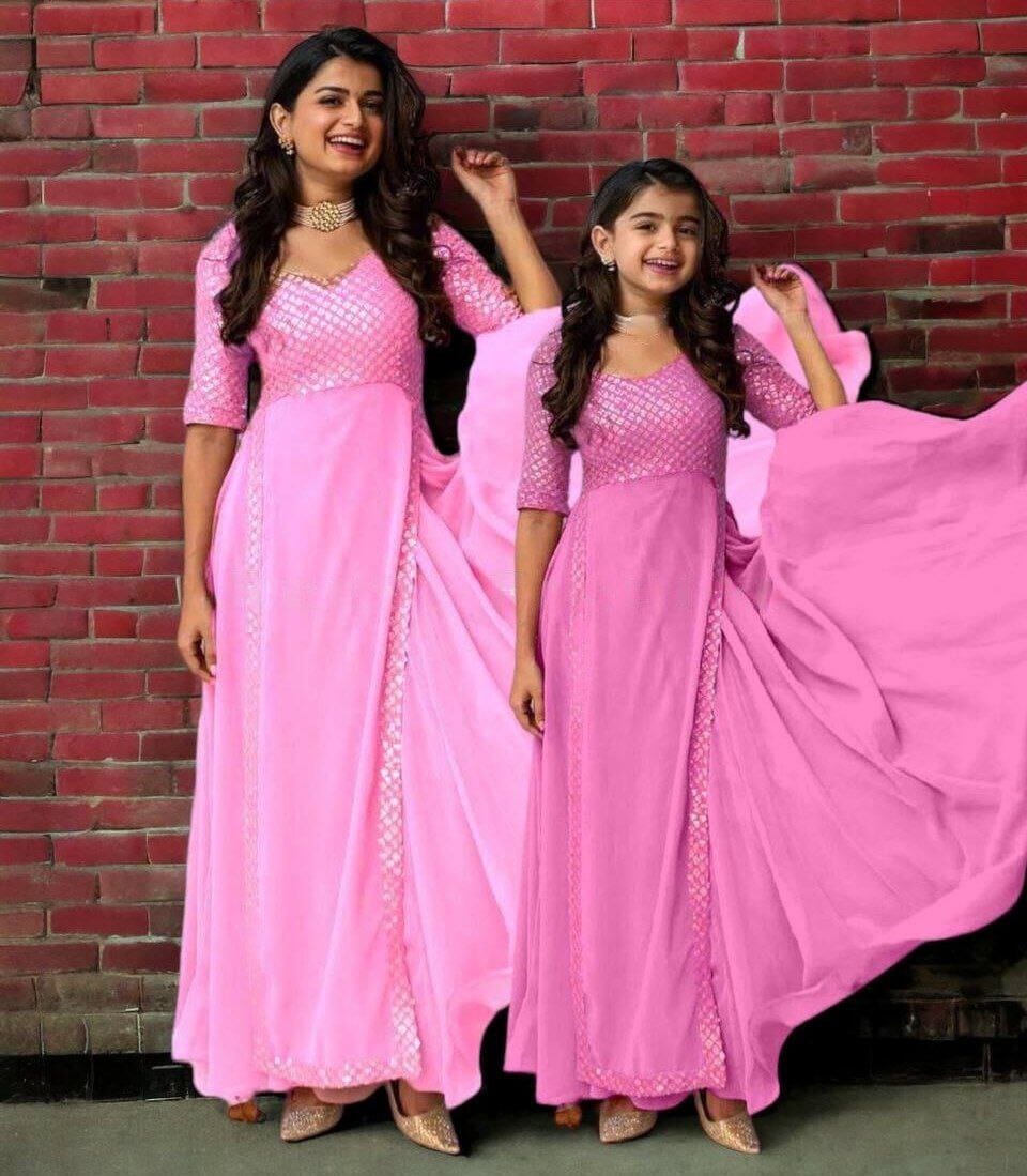 Special Deepavali Mother+Daughter Heavy Georgette Gowns Combo Pink Gowns Shopin Di Apparels 