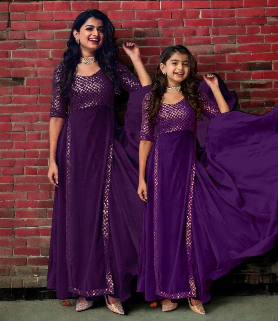 Special Deepavali Mother+Daughter Heavy Georgette Gowns Combo Purple Gowns Shopin Di Apparels 