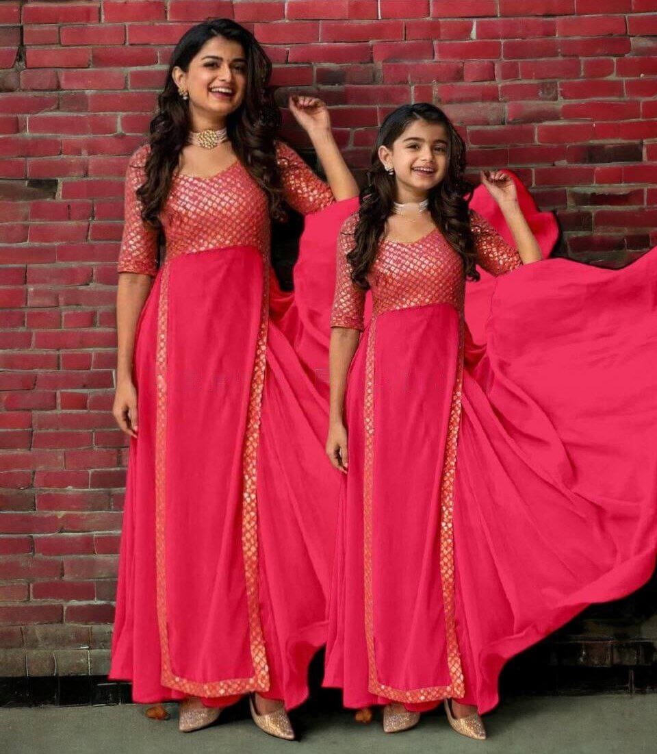 Special Deepavali Mother+Daughter Heavy Georgette Gowns Combo Red Gowns Shopin Di Apparels 