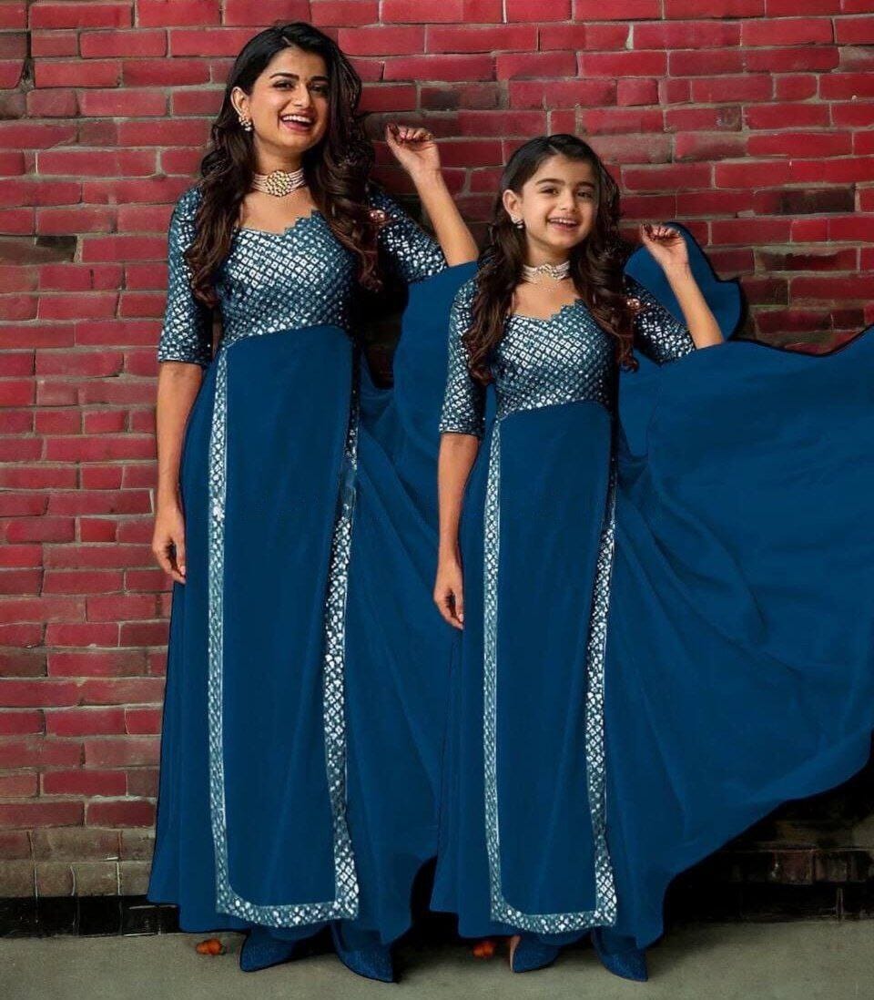 Special Deepavali Mother+Daughter Heavy Georgette Gowns ComboTeal Blue Gowns Shopin Di Apparels 