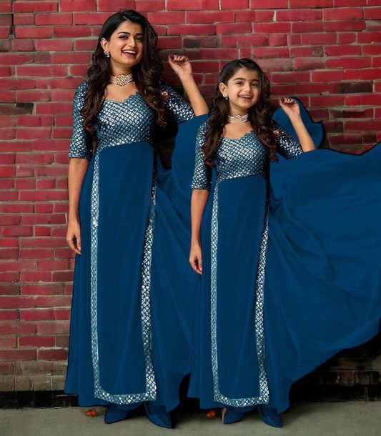 Special Deepavali Mother+Daughter Heavy Georgette Gowns ComboTeal Blue Gowns Shopin Di Apparels 