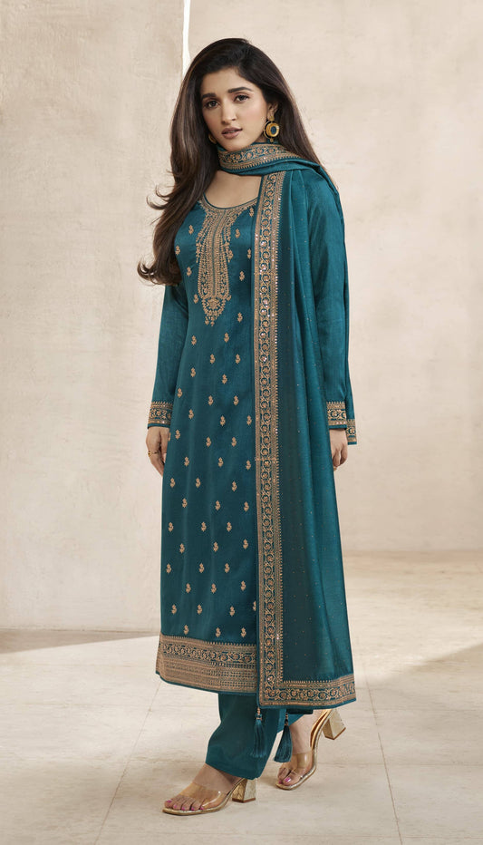 Teal Blue Kaseesh Aanchal Hitlist Silk Designer Salwar Kameez Straight Cut Suit Designer Suits Vinay 