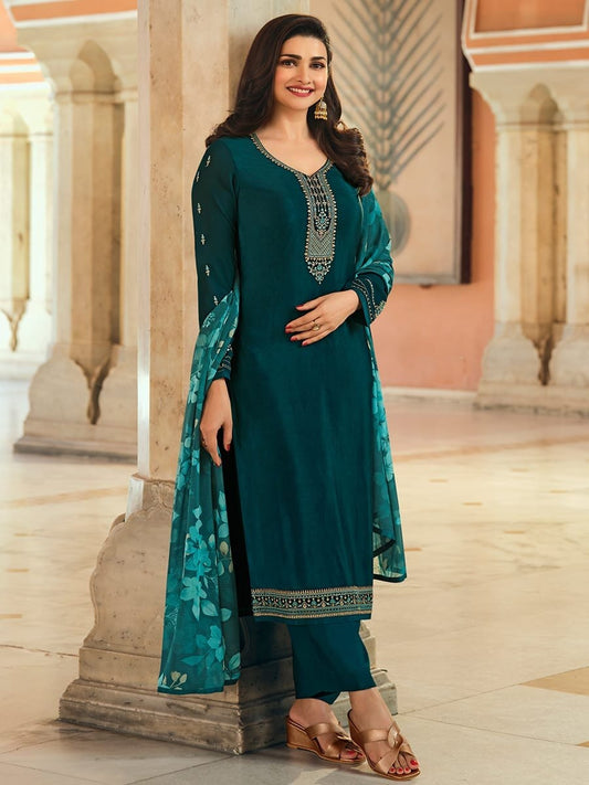 Turqoise Green Royal Crepe Embroidered Digital Printed Staight Cut Designer Suit designer Suits shopindi.sg 