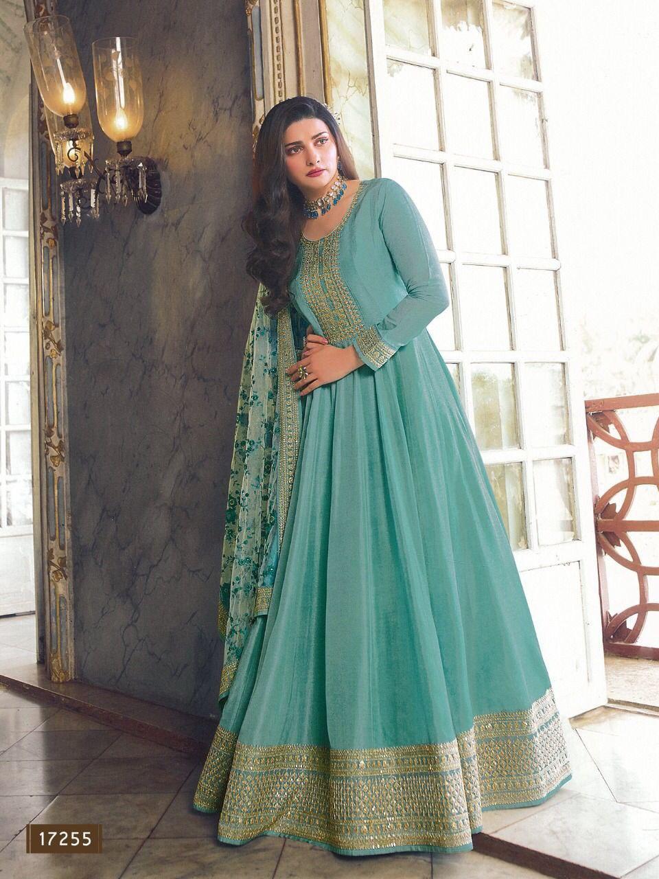 Turquoise Blue Dola Silk Long Designer Anarkali Suit Designer Suits Shopindiapparels.com 
