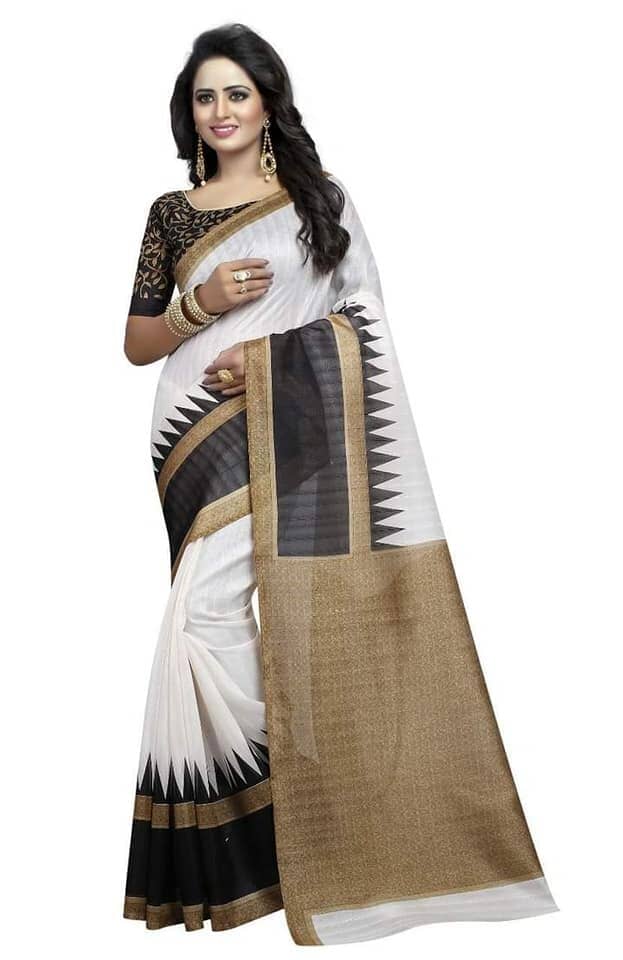White and Black Bhagalpuri Cotton Saree with Embroidered Raw Silk Blouse Saree Shopin Di Apparels 