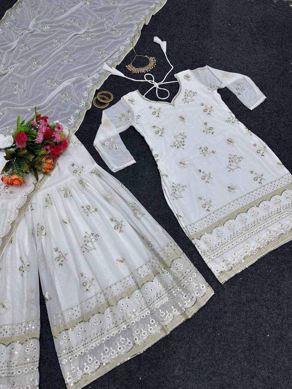 White and Gold Sequence Work Georgette Sharara Suit Designer Suits Shopin Di Apparels 