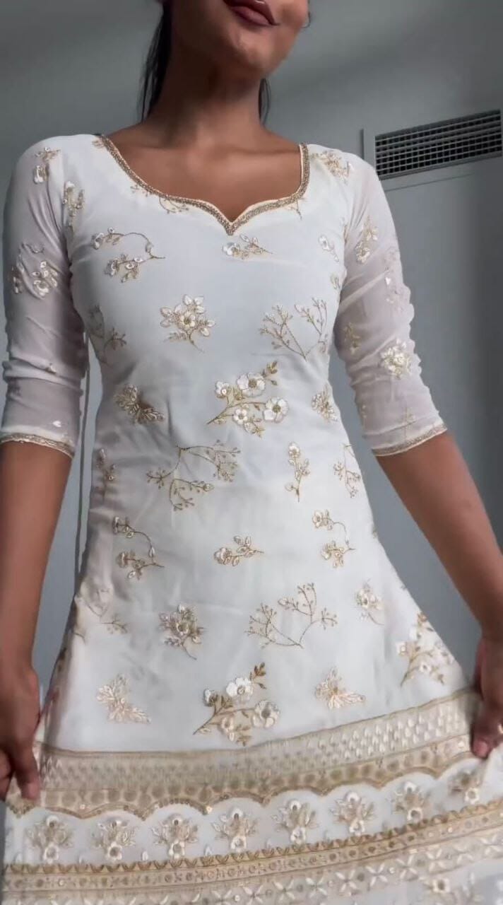 White and Gold Sequence Work Georgette Sharara Suit Designer Suits Shopin Di Apparels 