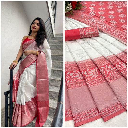White and Red Banarasi Lichi Silk Saree Shopindiapparels.com 