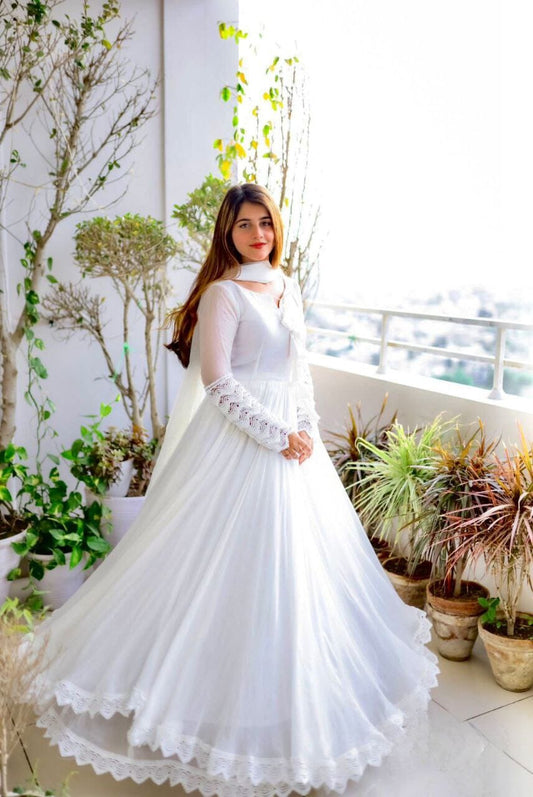 White Faux eorgette Gown with Lace work and Dupatta Gown with Dupatta Shopin Di Apparels 