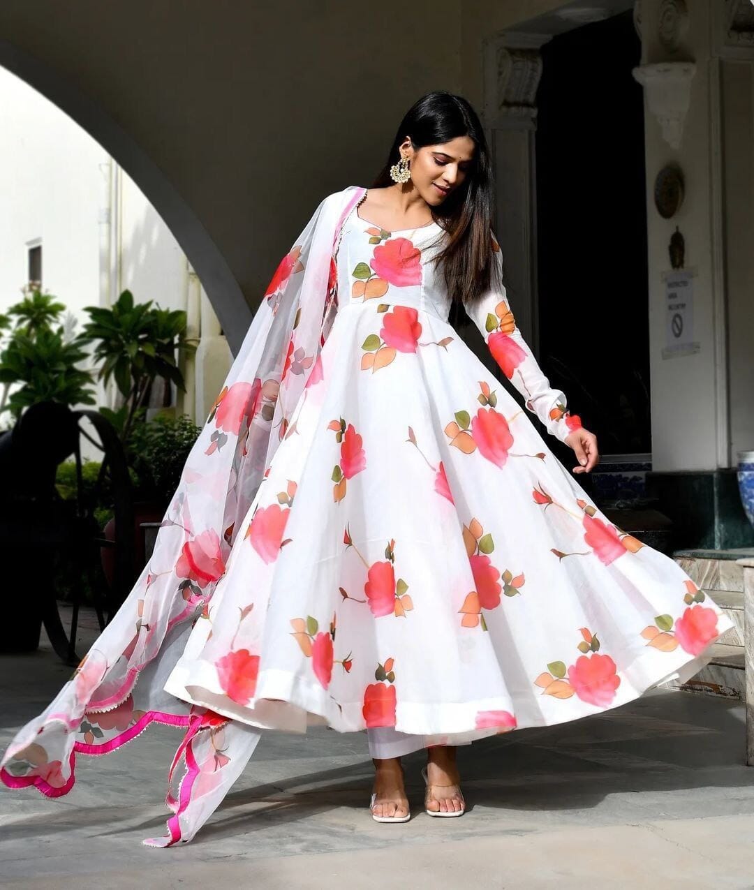 White Floral Digital Printed Gown with Dupatta in all sizes up to 7XL Gown with Dupatta Shopindiapparels.com 