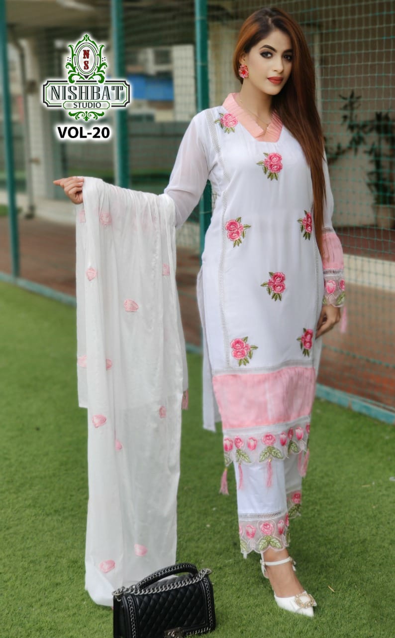 White Floral Embroidered Top with Pant and Dupatta Designer Suit Designer Suits Shopindiapparels.com 