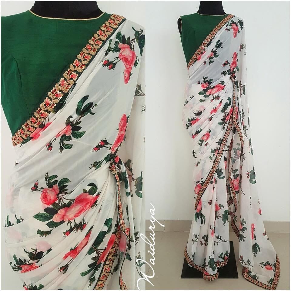 White Floral Printed Heavy Weightless Saree With embroidery lace shopindi.sg 